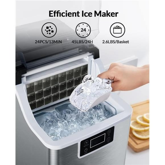 Countertop Ice Maker, 24Pcs Ice Cubes in 13 Min, Stainless Steel Ice Machine - Picture 2 of 6